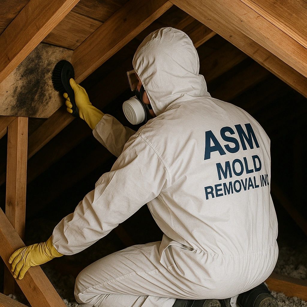 ASM technician treating mold inside an Ontario attic