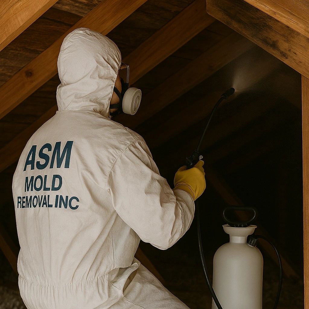 ASM Mold Removal Inc. technician treating an attic