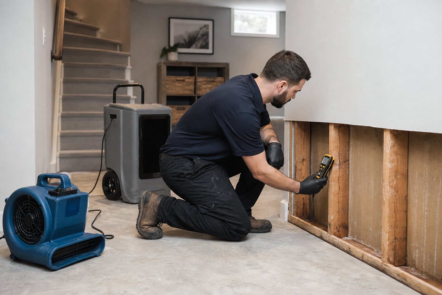 Restoration technician assessing damp framing after residential water damage